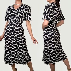 Sue Wong Geometric Fan‎ Print Rayon Midi Dress Flutter Sleeve 80s does 40s XS
